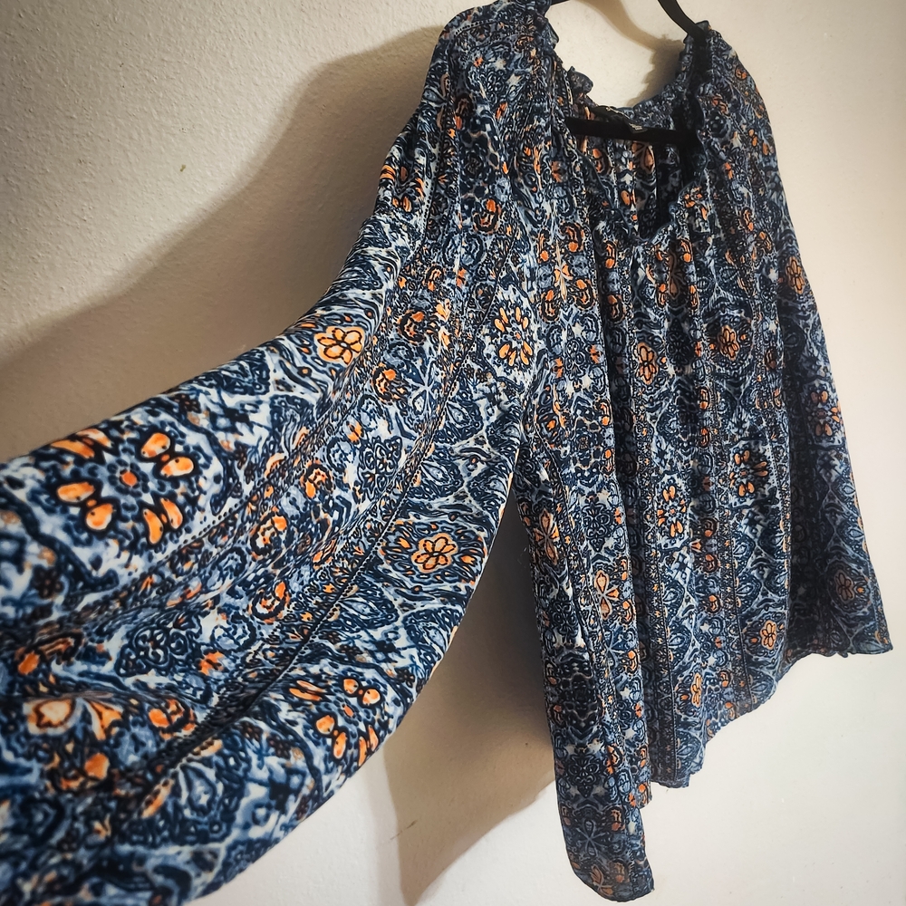 Sharagano XL Boho Peasant Blouse Blue Orange Floral Off Shoulder Flowy Top